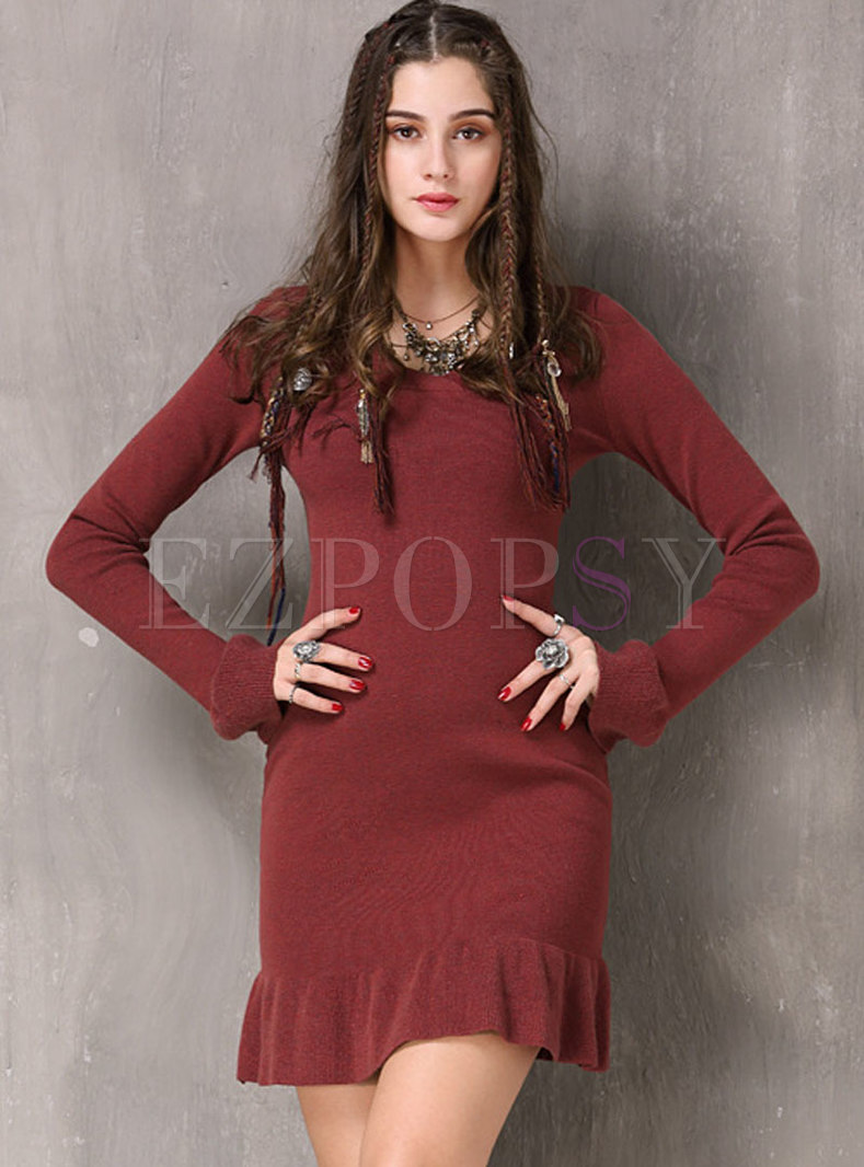 Solid Color V-neck Bodycon Sweater Dress