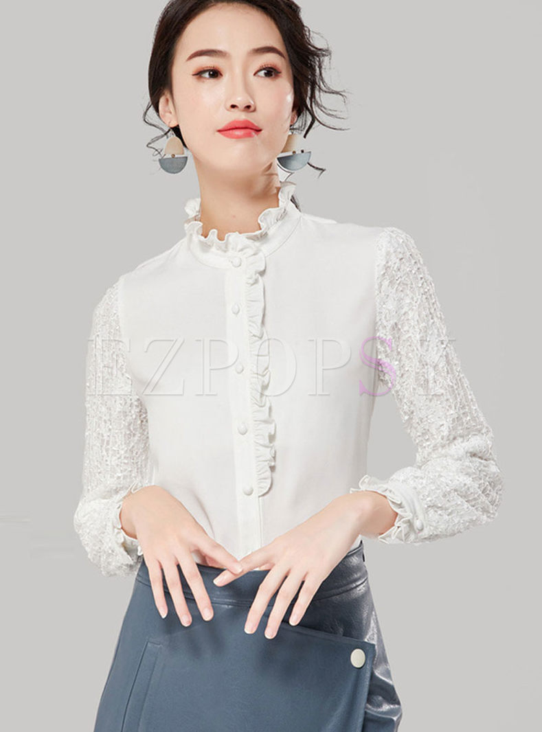 Tops | Blouses | White Long Sleeve Lace Patchwork Blouse