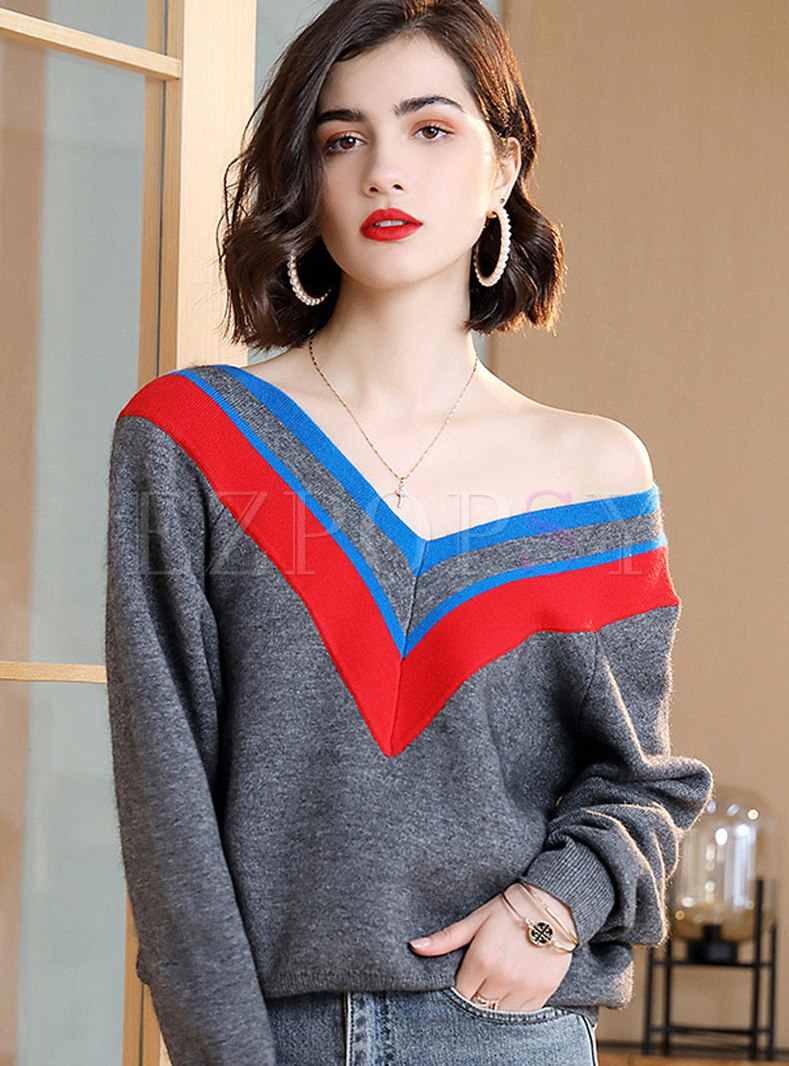 V-neck Color-blocked Loose Pullover Sweater