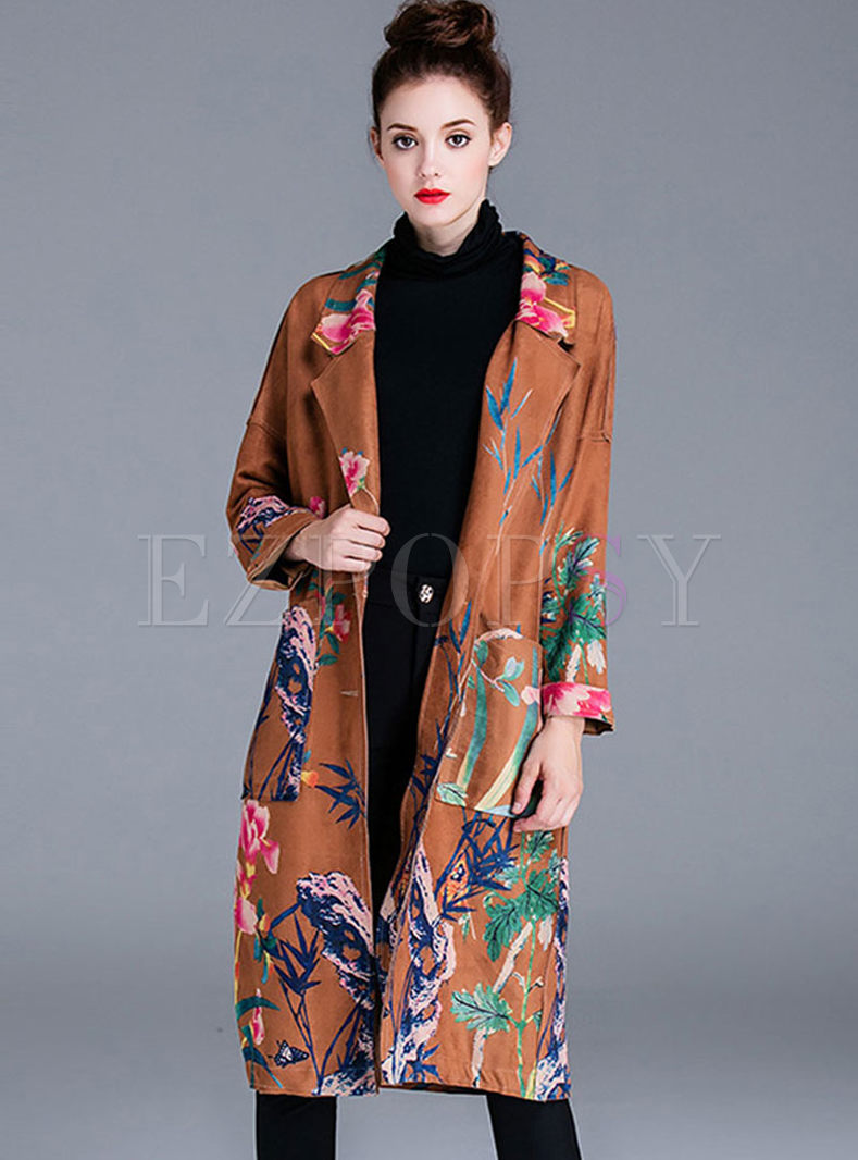Notched Suede Long Embroidered Trench Coat