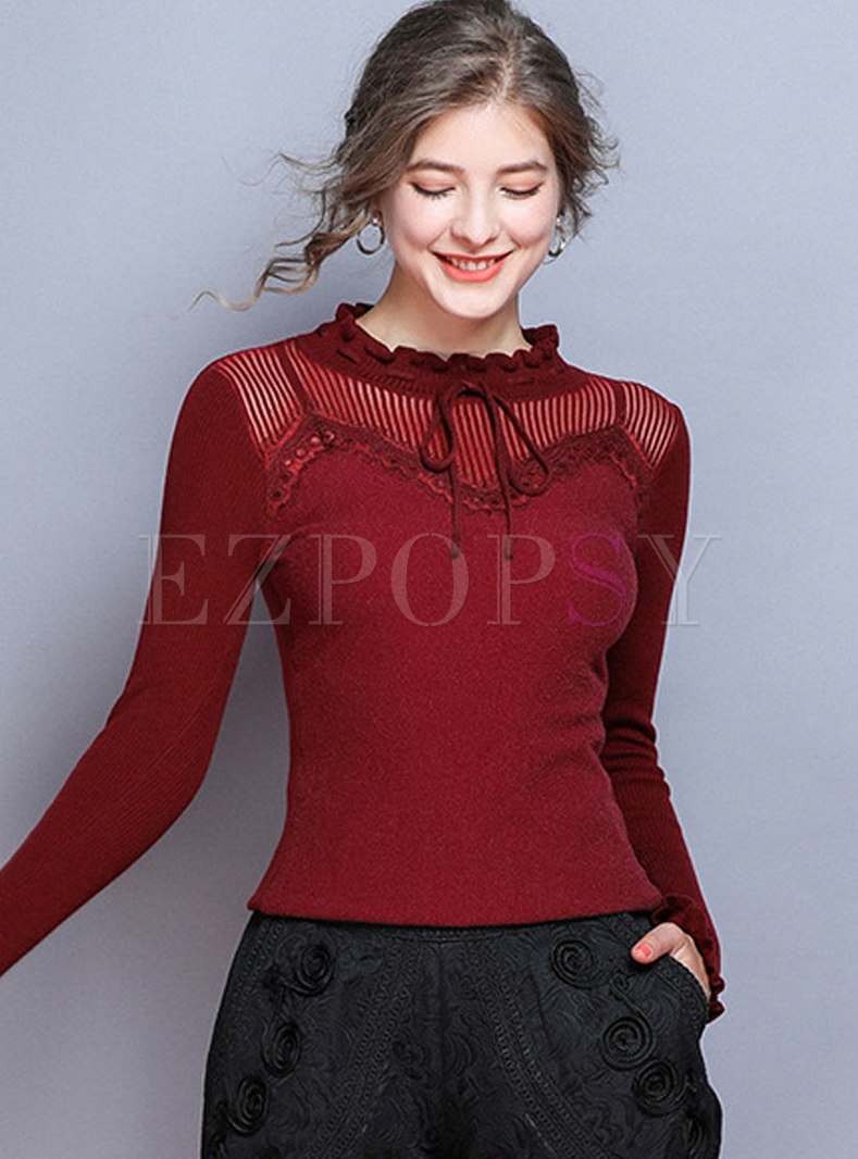 Solid Color Patchwork Bowknot Slim Sweater