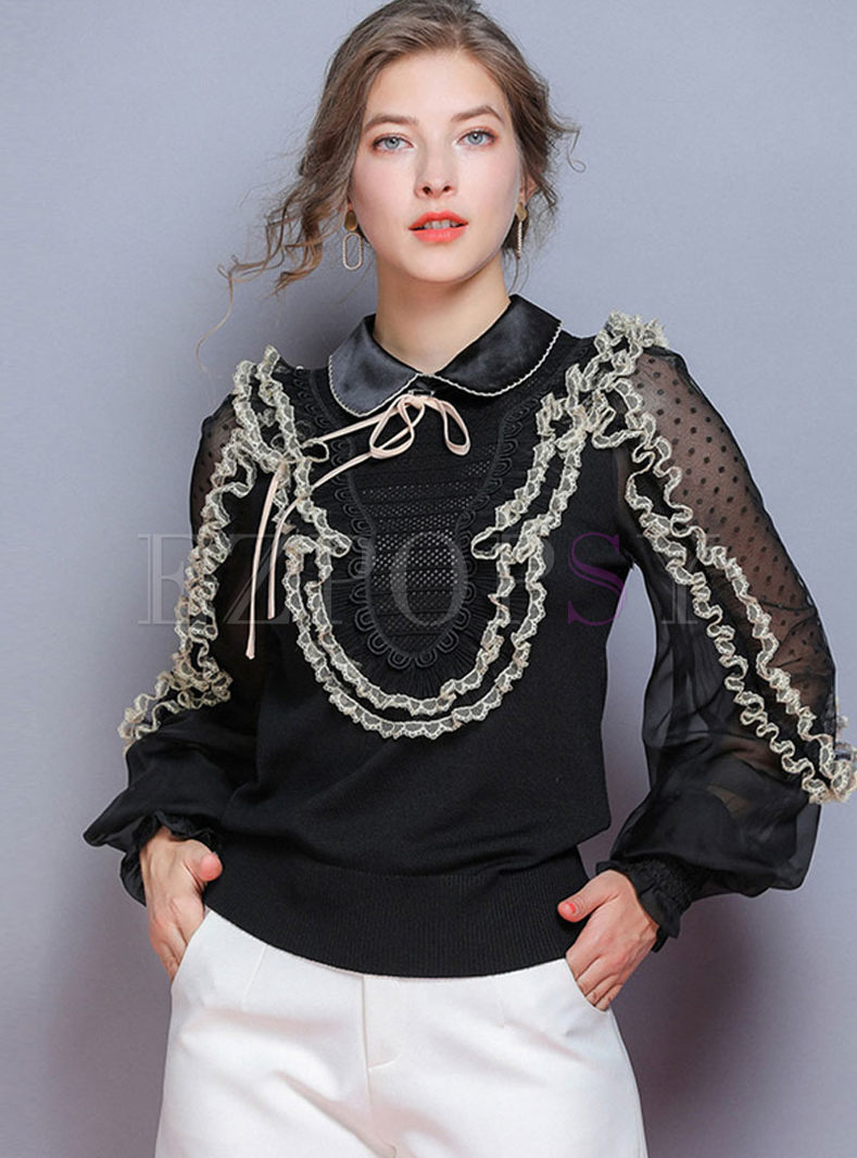 Lapel Lace Patchwork Dot Knitted Top