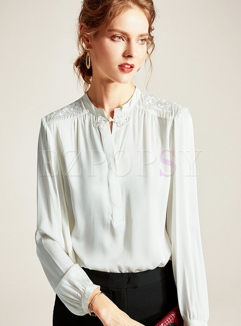 Tops | Blouses | Stand Collar Embroidered Silk Blouse