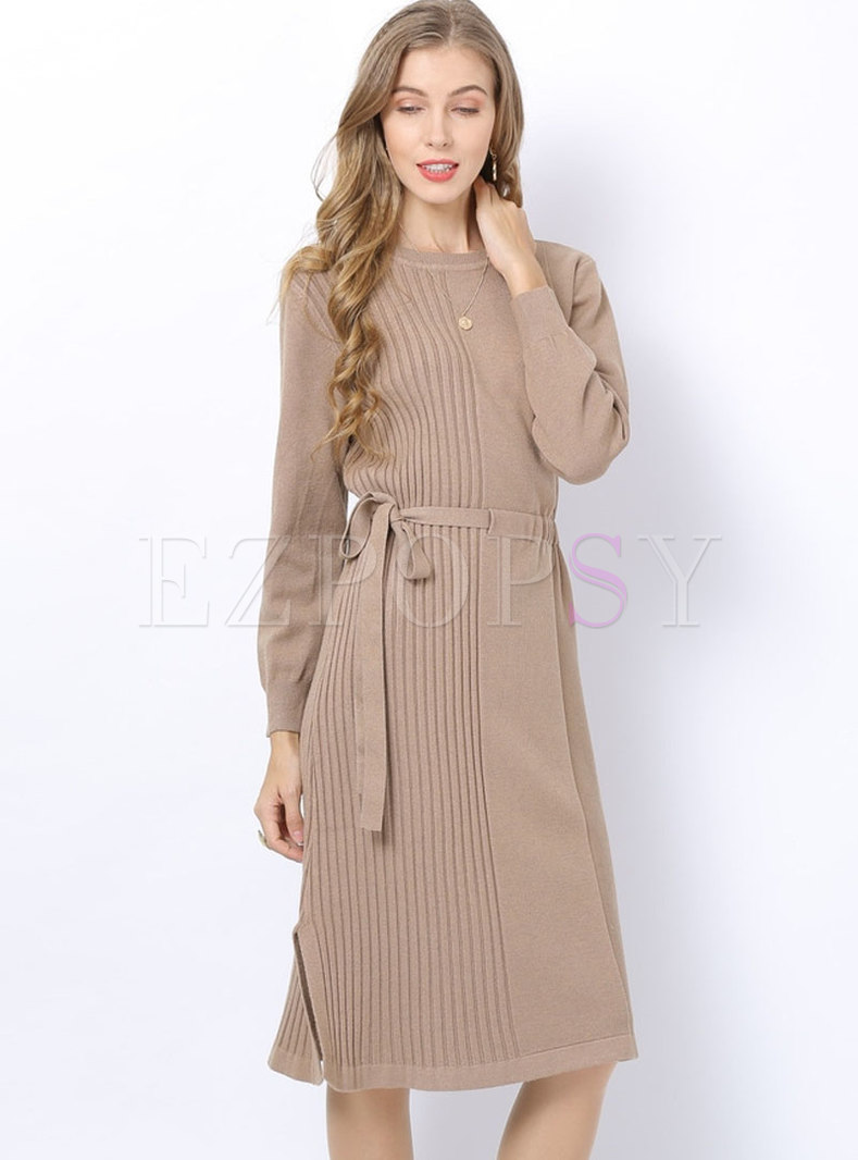 O-neck Sweater Dress With Drawcord
