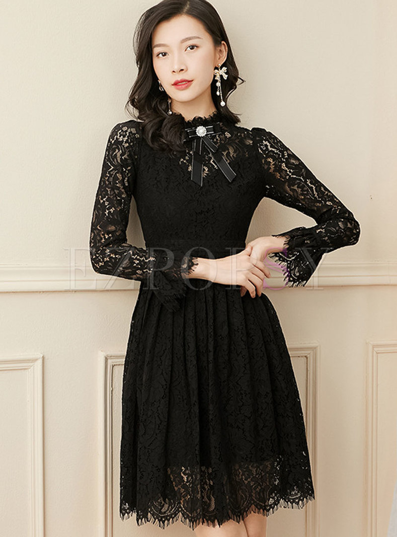 Stand Collar Lace Bowknot Openwork A Line Dress