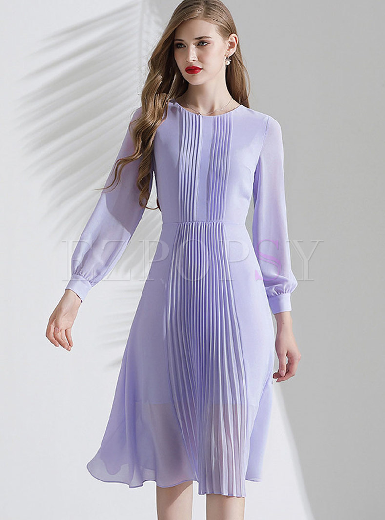 Solid Color Pleated A Line Dress