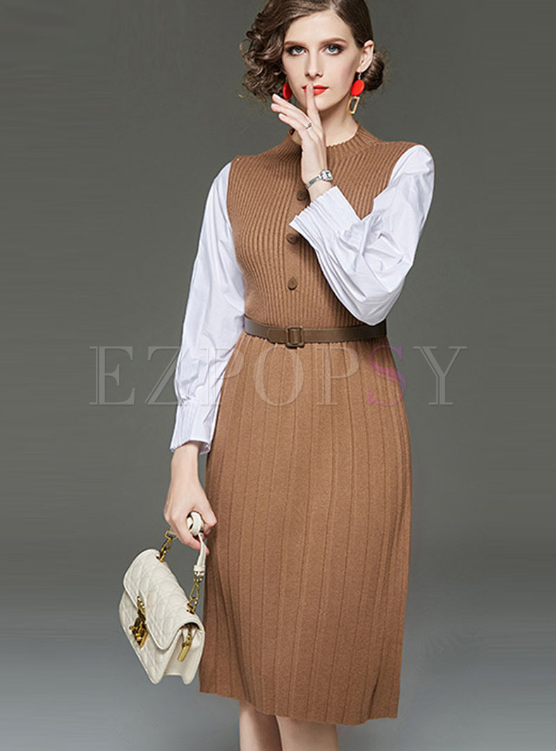 Patchwork Color-blocked Sweater Dress With Belt