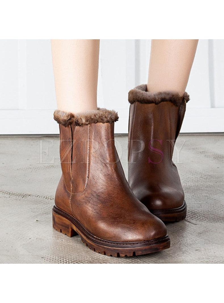 Circle Head Cotton Leather Short Boots