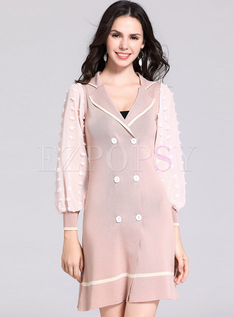 Lapel Double-breasted Patchwork Sweater Dress