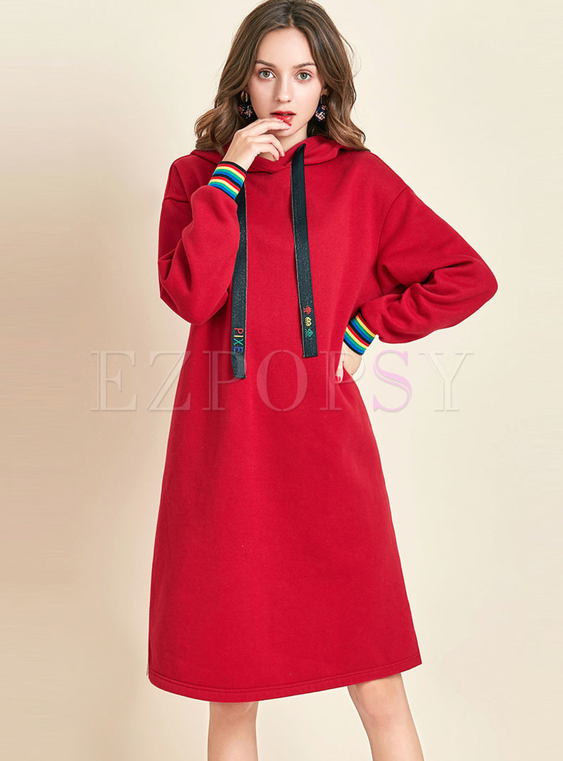 Casual Hooded Color-blocked Thick Shift Dress
