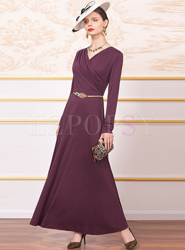 Solid Color V-neck Long Sleeve Party Dress