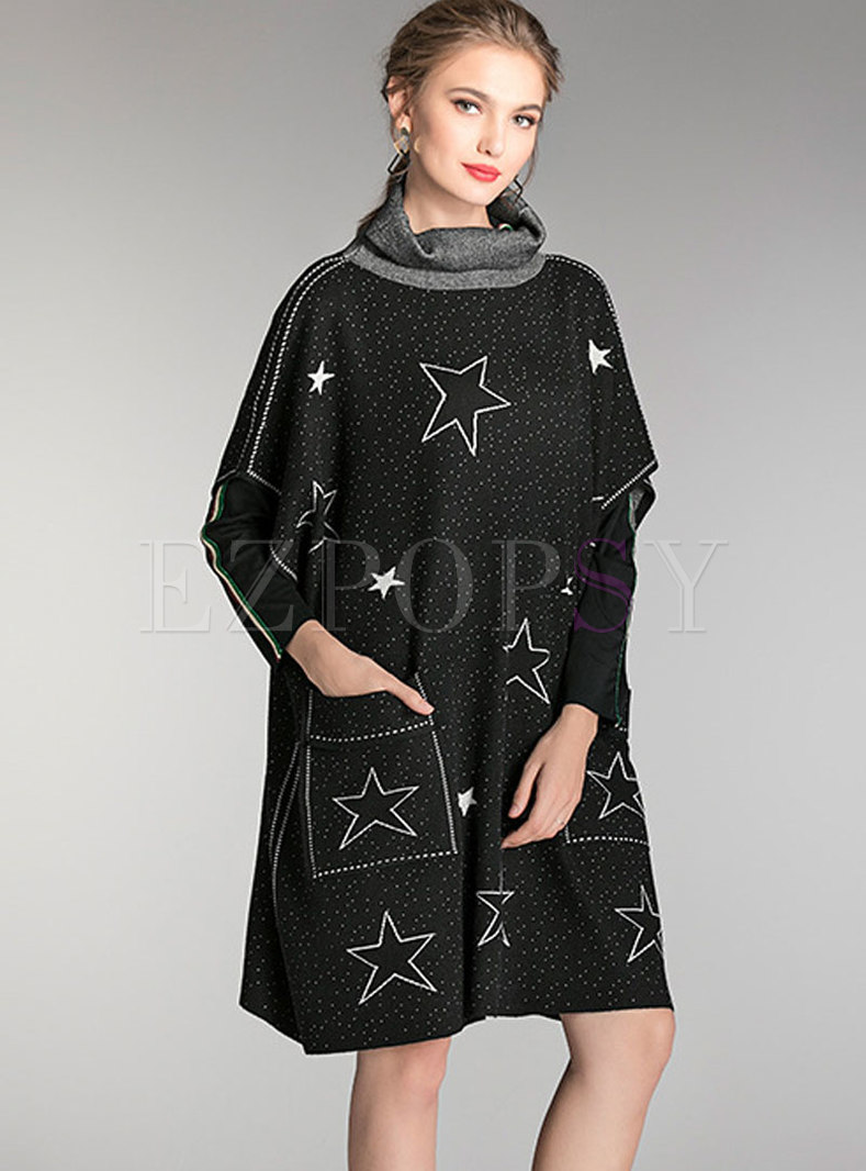 Short Sleeve Print Color-blocked Loose Sweater Dress