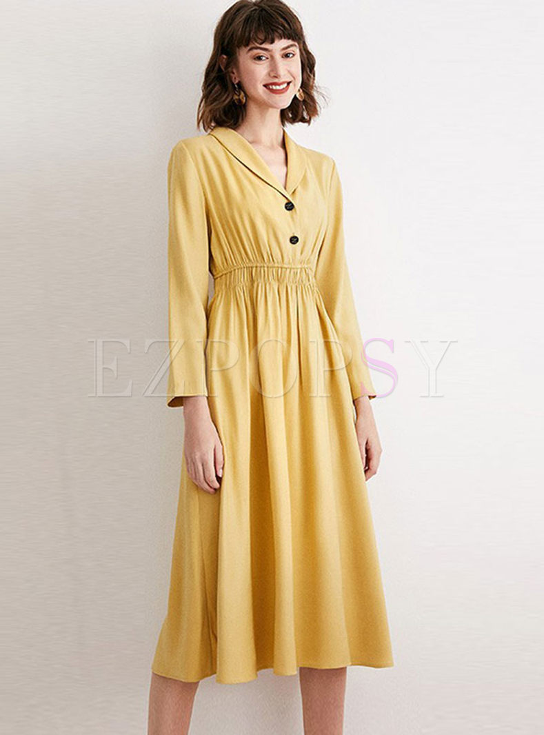 Yellow Lapel Elastic Waist A Line Dress