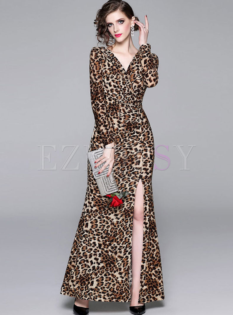 Leopard V-neck Long Sleeve Slit Party Dress