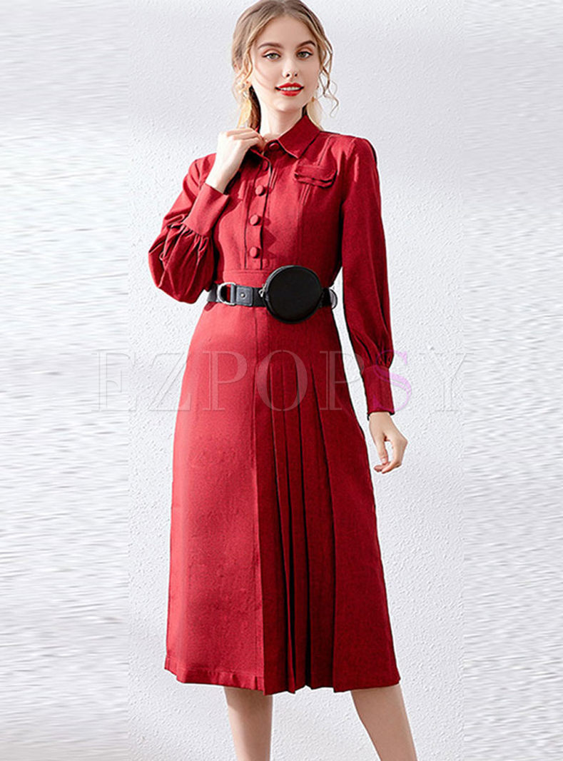 Casual Long Sleeve Waist Midi Dress