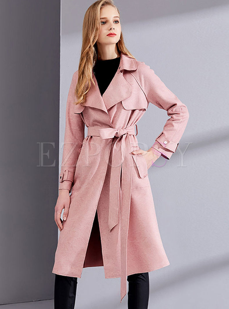 Super Outwear | Trench Coats | Pink Lapel Suede Waist Trench Coat KI-07