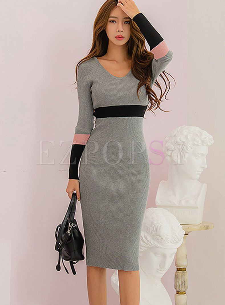 Dresses Knitted Dresses Sexy Color Blocked Bodycon Sweater Dress