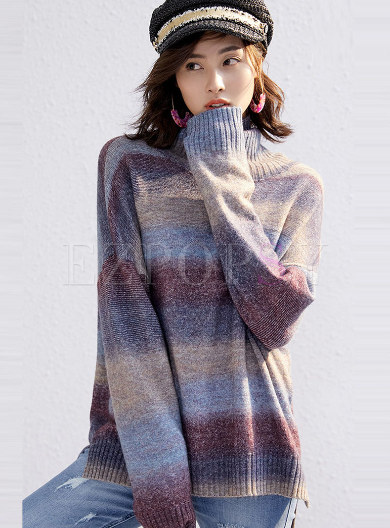 High Collar Color-blocked Loose Sweater