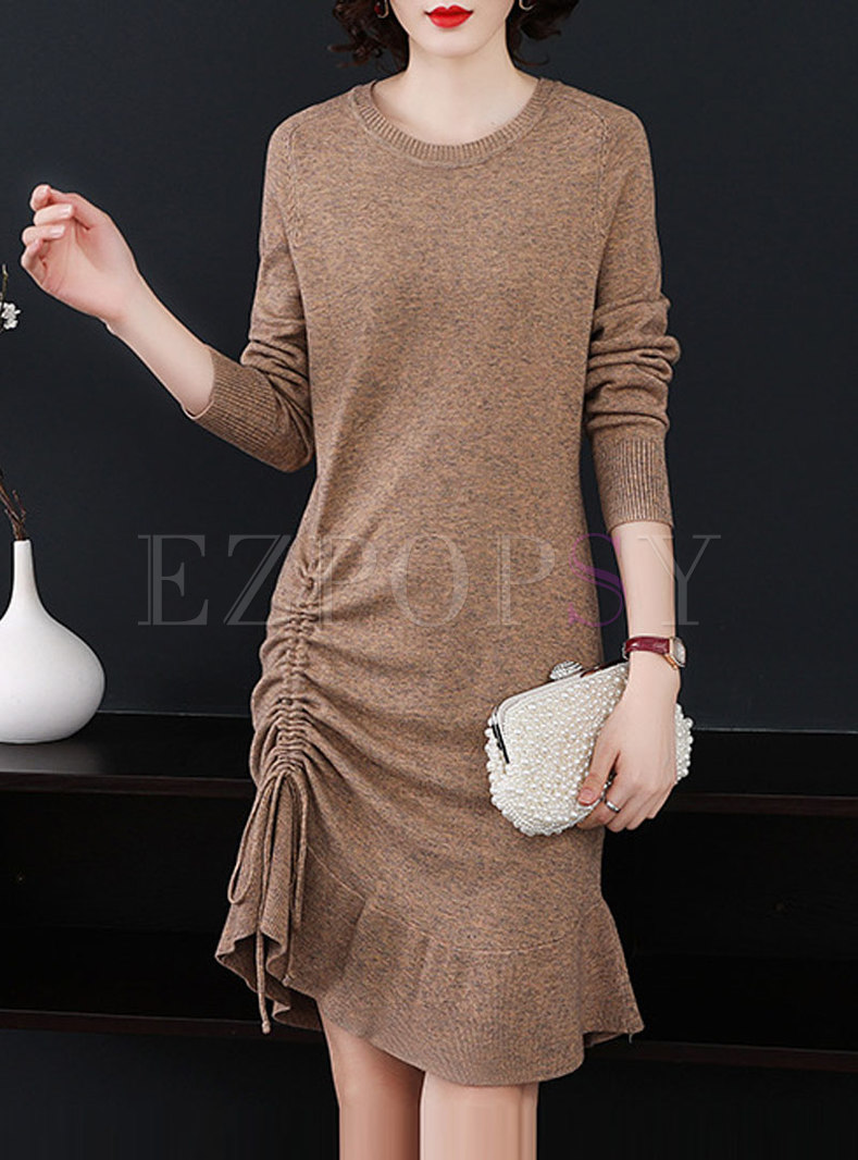 Solid Color Slim Sweater Dress With Drawcord