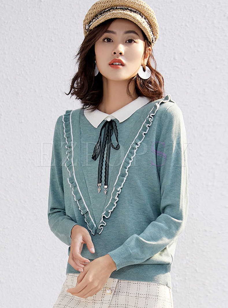 Patchwork Bowknot Pullover Loose Sweater