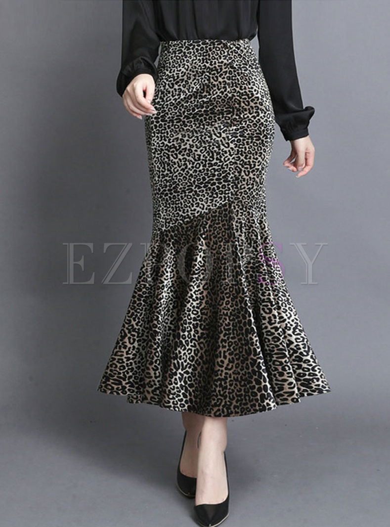High Waisted Leopard Velvet Mermaid Skirt