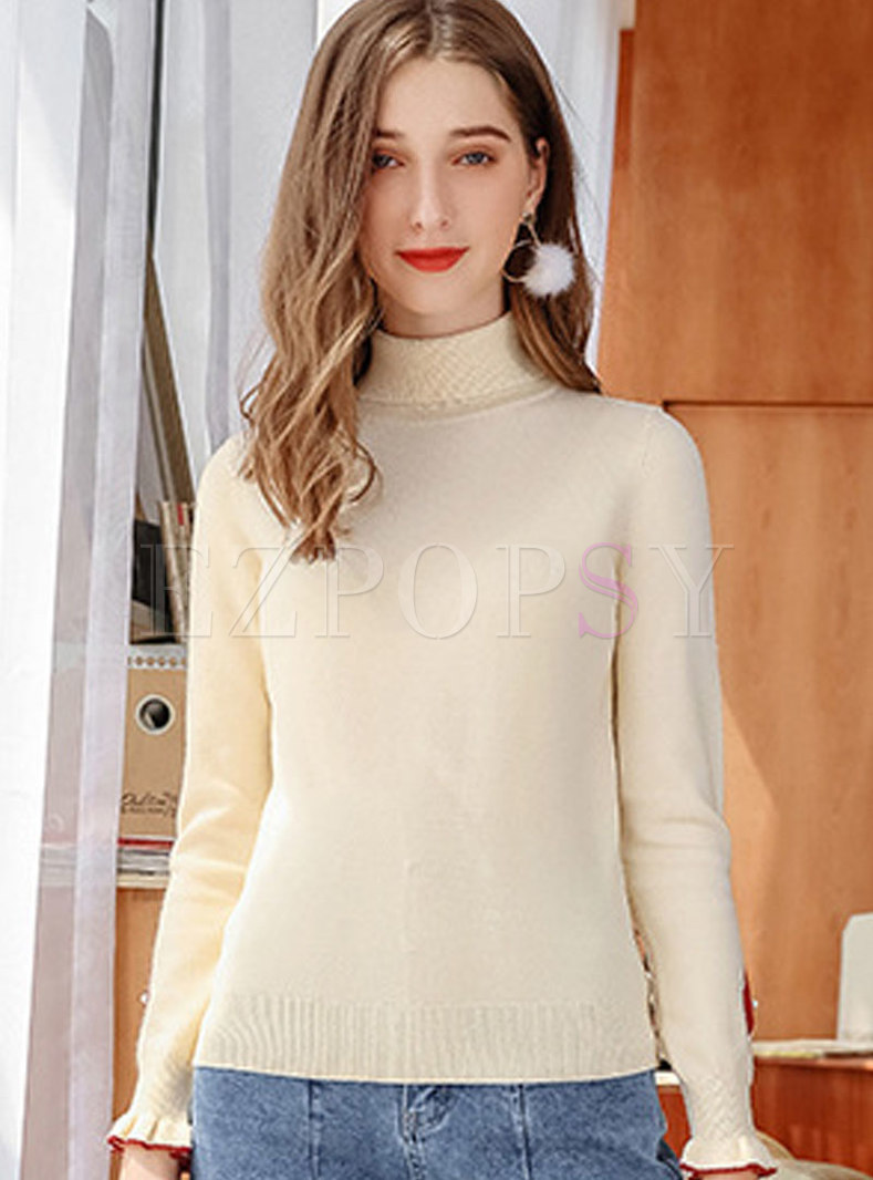 High Collar Color-blocked Pullover Slim Sweater