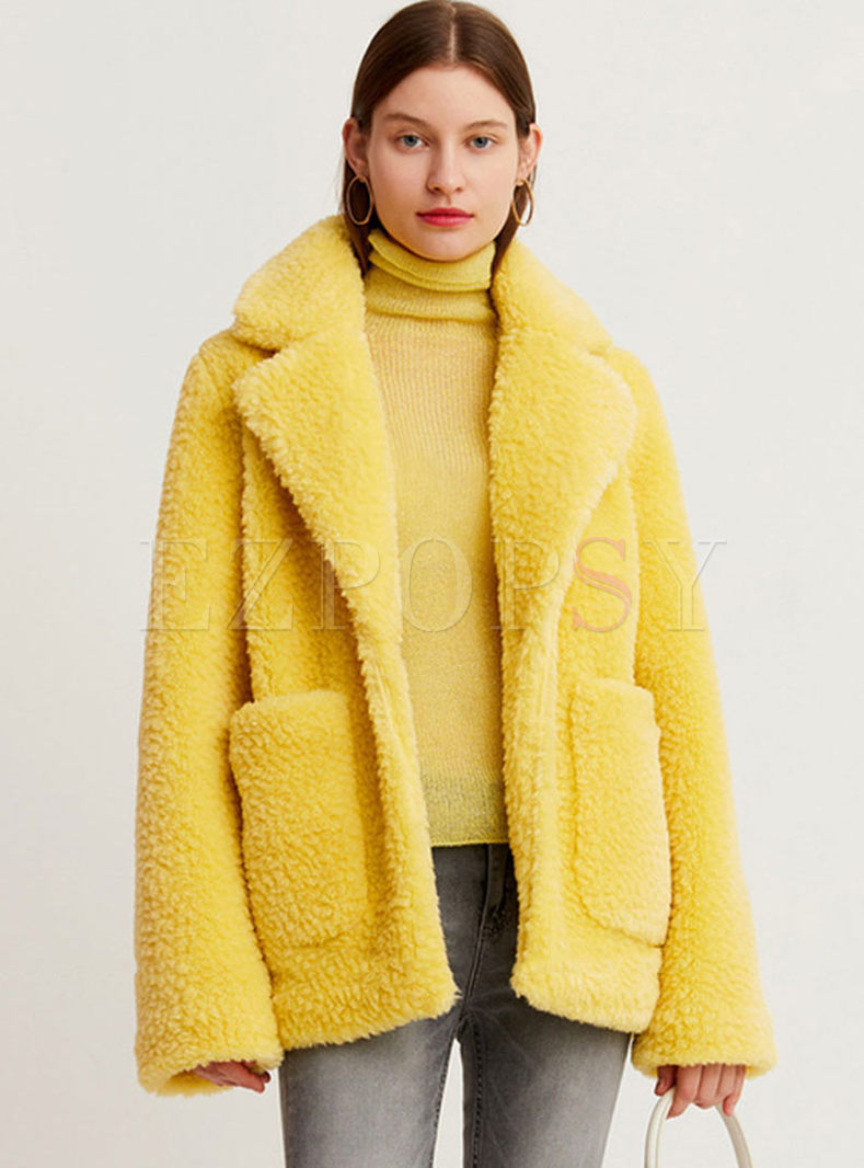 Yellow Fleece Lapel Thick Teddy Coat
