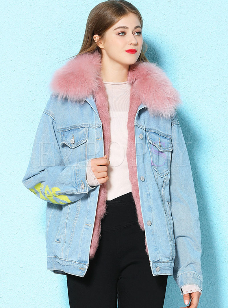 Print Straight Thick Sherpa-lined Denim Parka