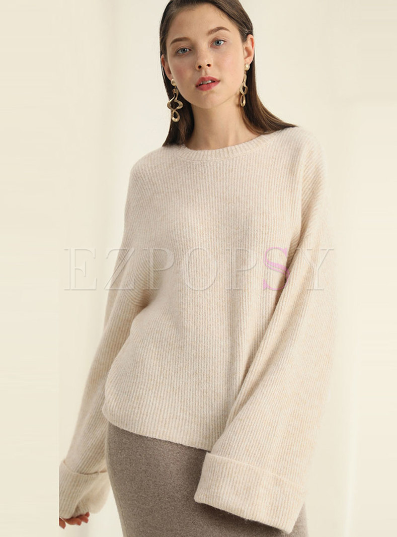 Solid Color Flare Sleeve Loose Sweater