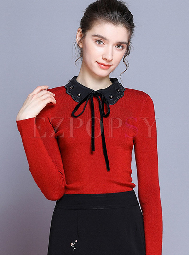 Patchwork Bowknot Slim Pullover Sweater