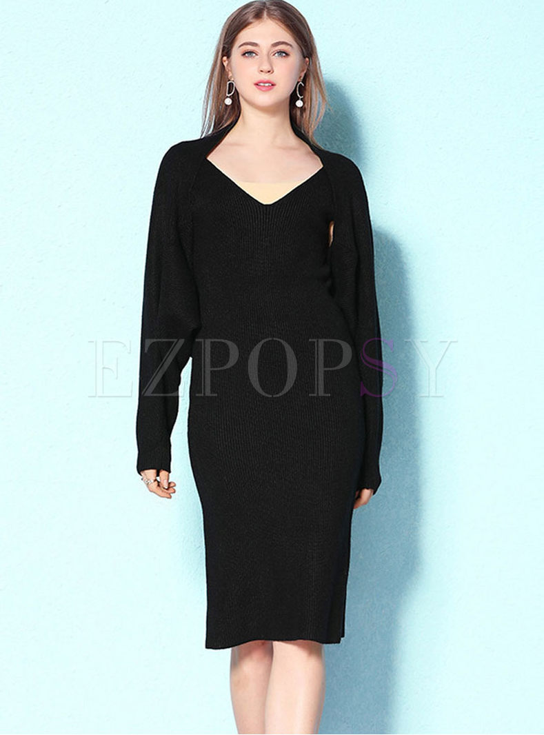 Bat Sleeve Asymmetric Coat & Slim Sweater Dress
