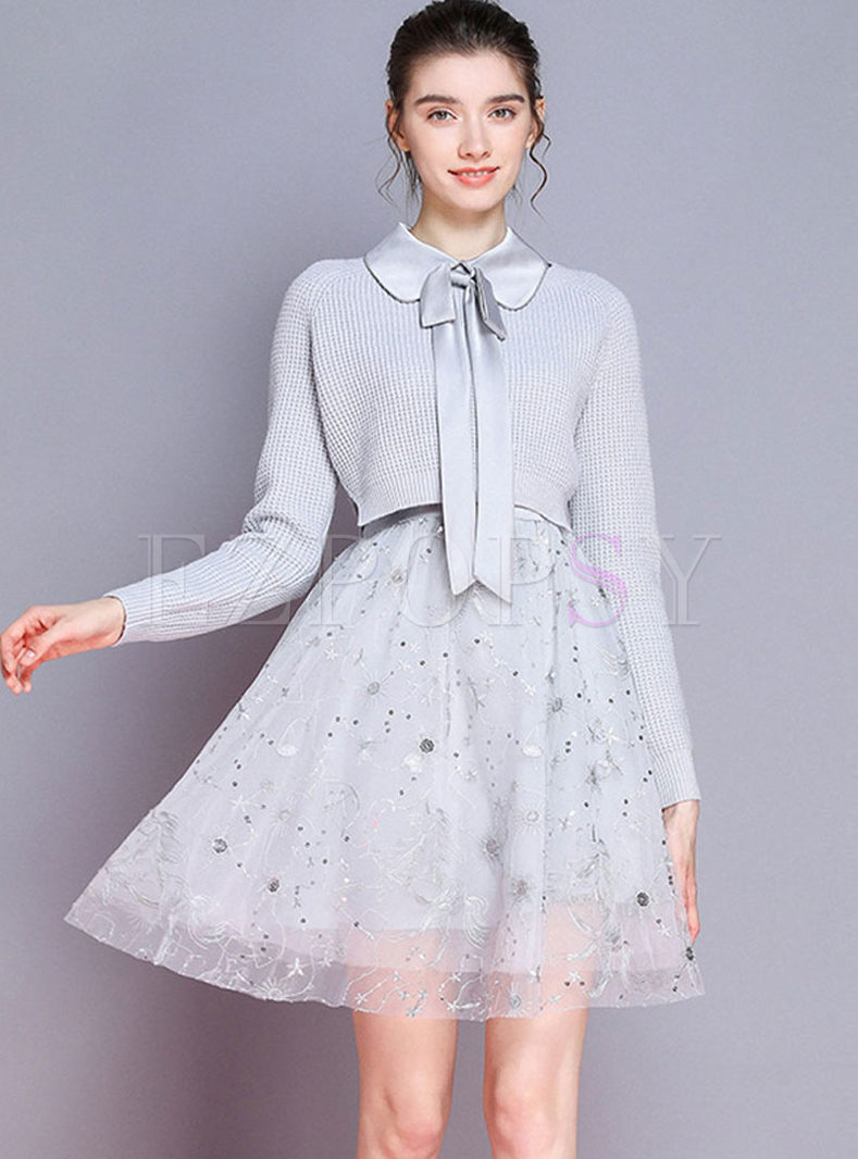 Doll Collar Mesh Dress With Short Sweater