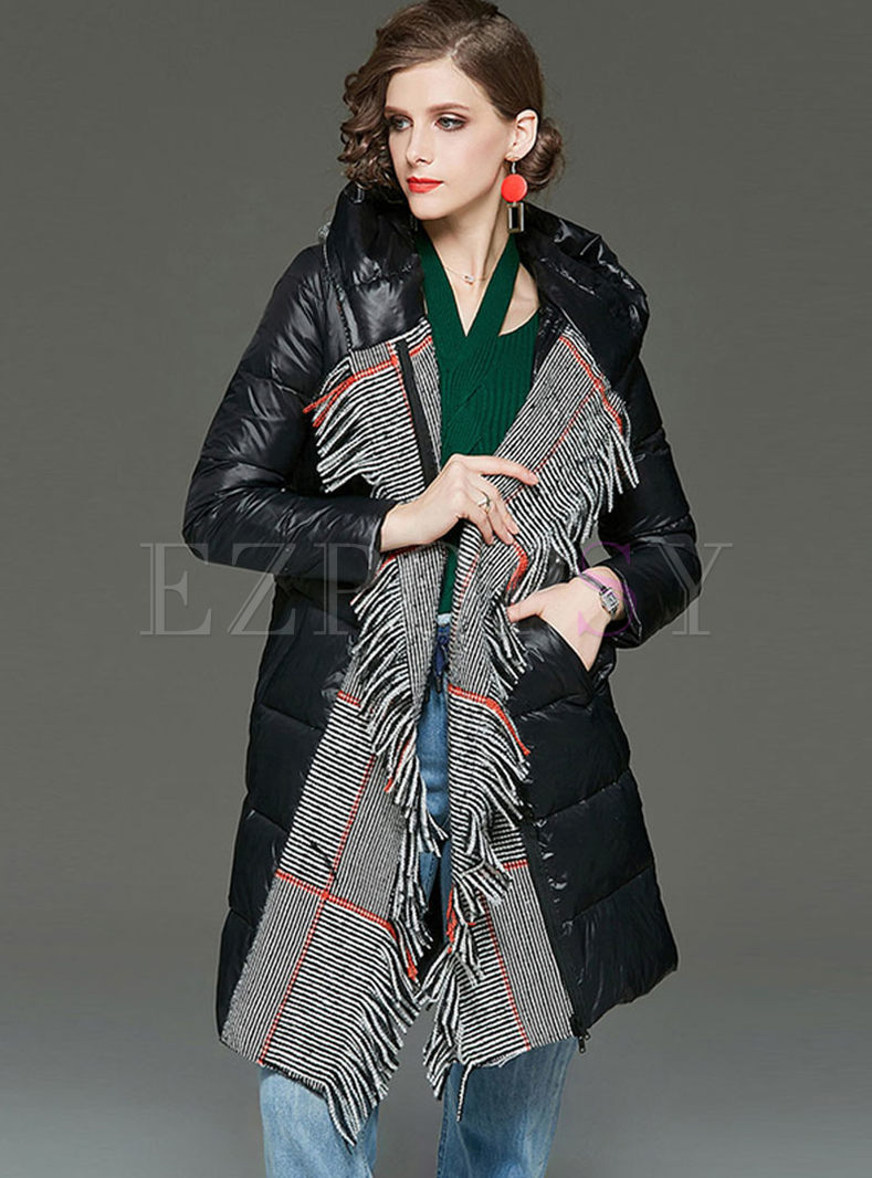 Hooded Fringed Plaid Patchwork Puffer Coat