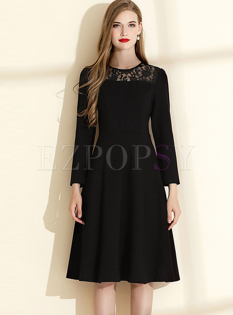 Lace Openwork Patchwork A Line Dress