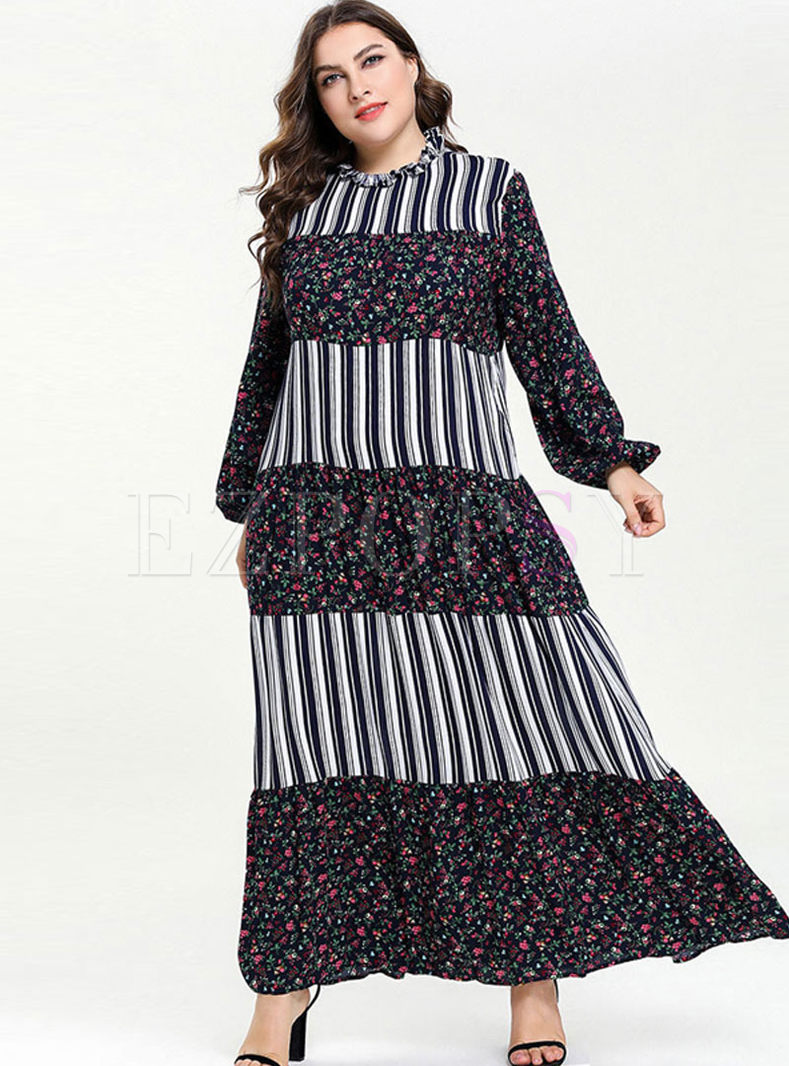 Plus Size Stripe Patchwork Floral Dress