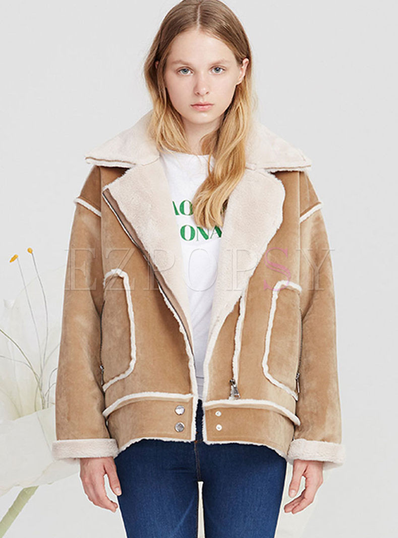 Lapel Patchwork Sherpa-lined Coat