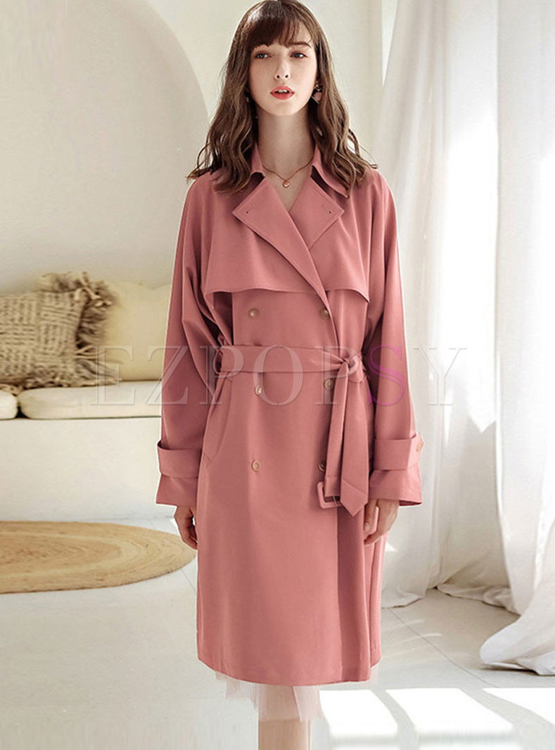 Pink Notched Long Sleeve Trench Coat