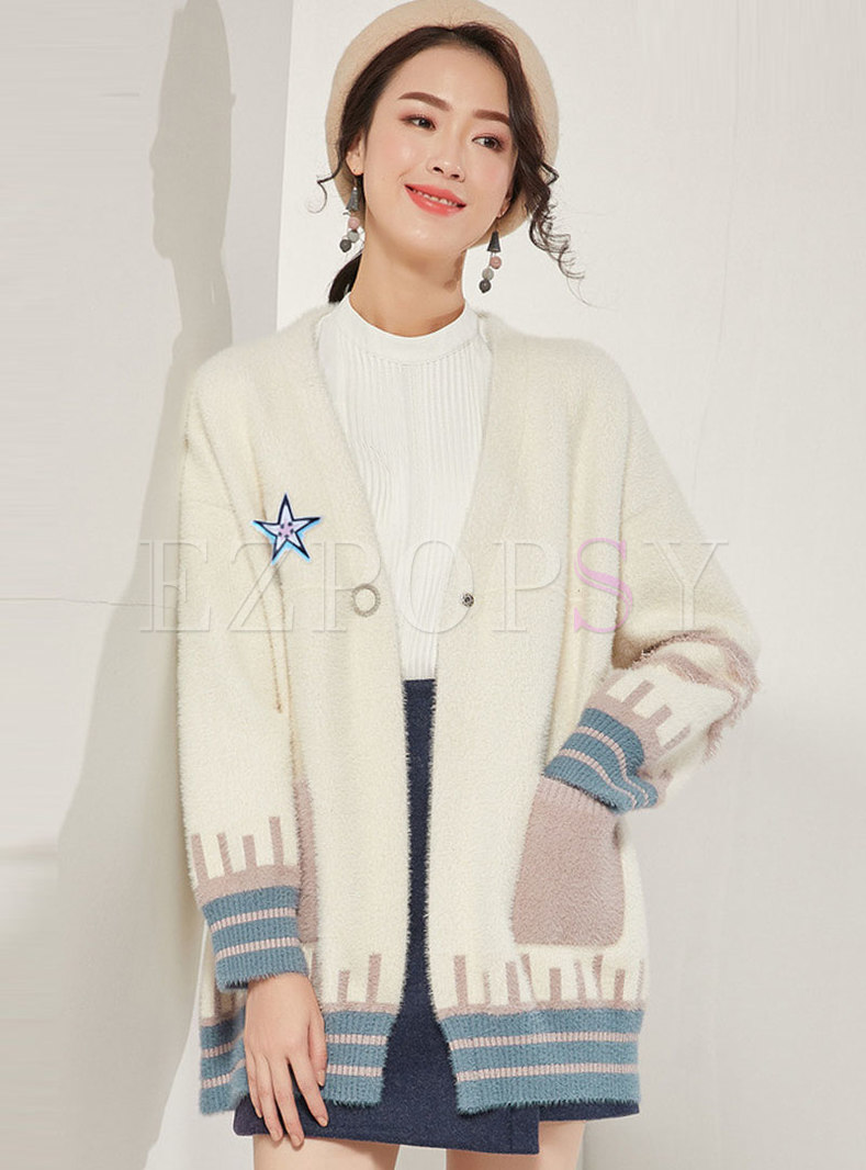 Color-blocked Letter Print Sweater Coat