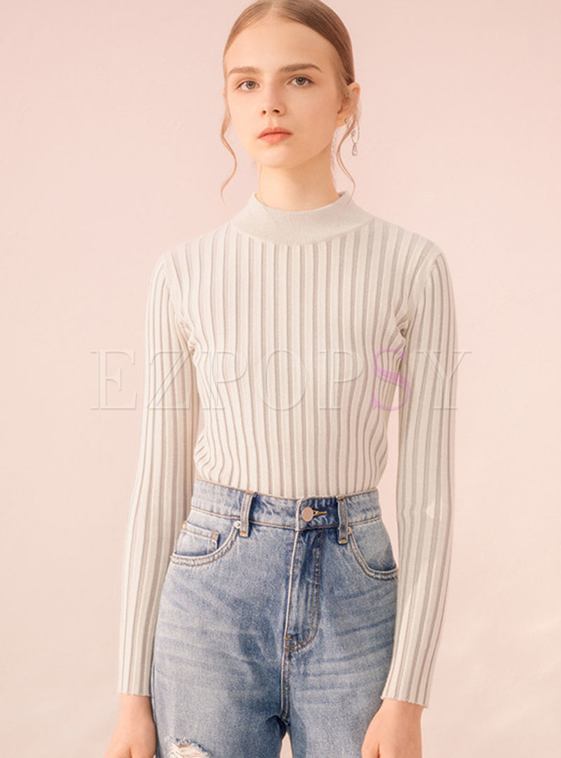 Solid Color Stand Collar Pleated Slim Sweater