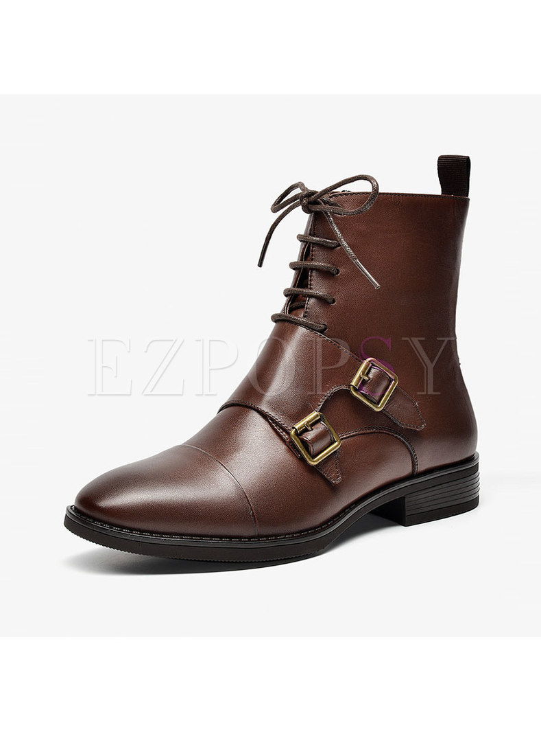 Rounded Toe Leather Boots With Shoelaces