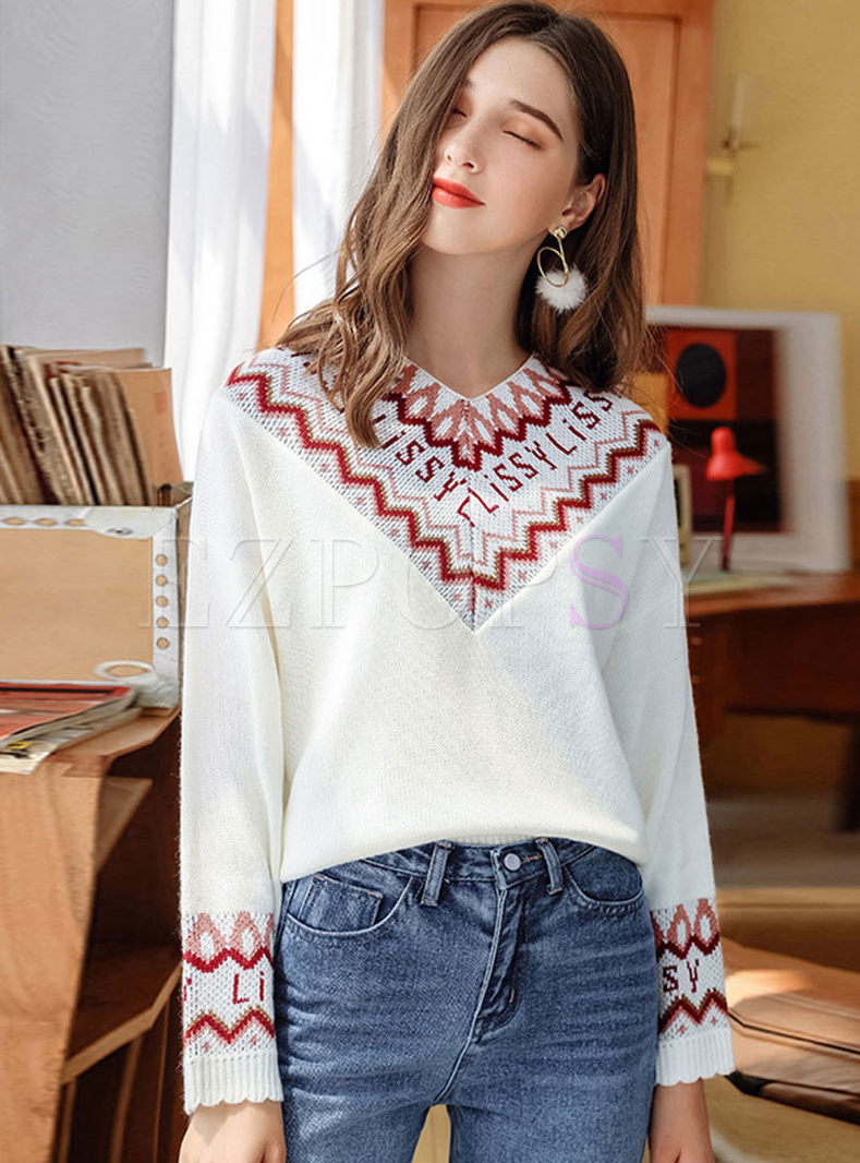 V-neck Letter Print Pullover Sweater
