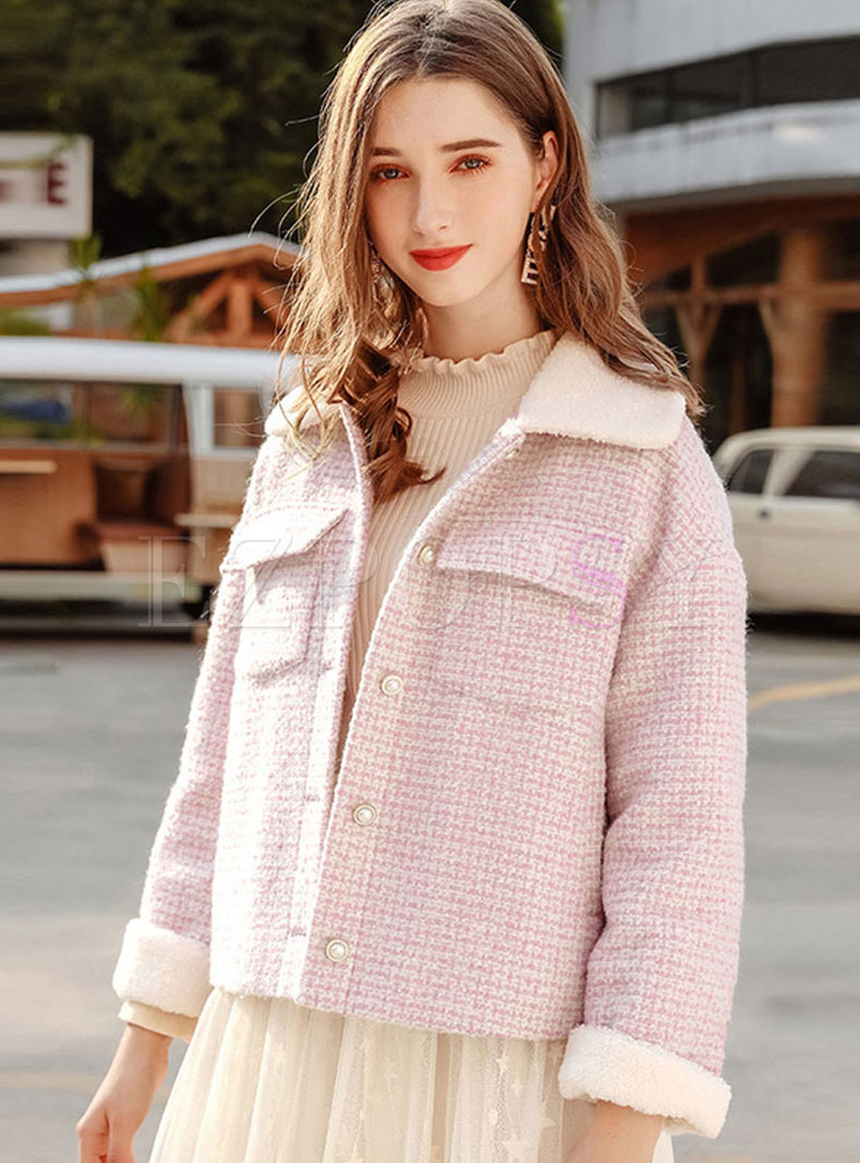 Pink Lapel Long Sleeve Wool Blended Coat