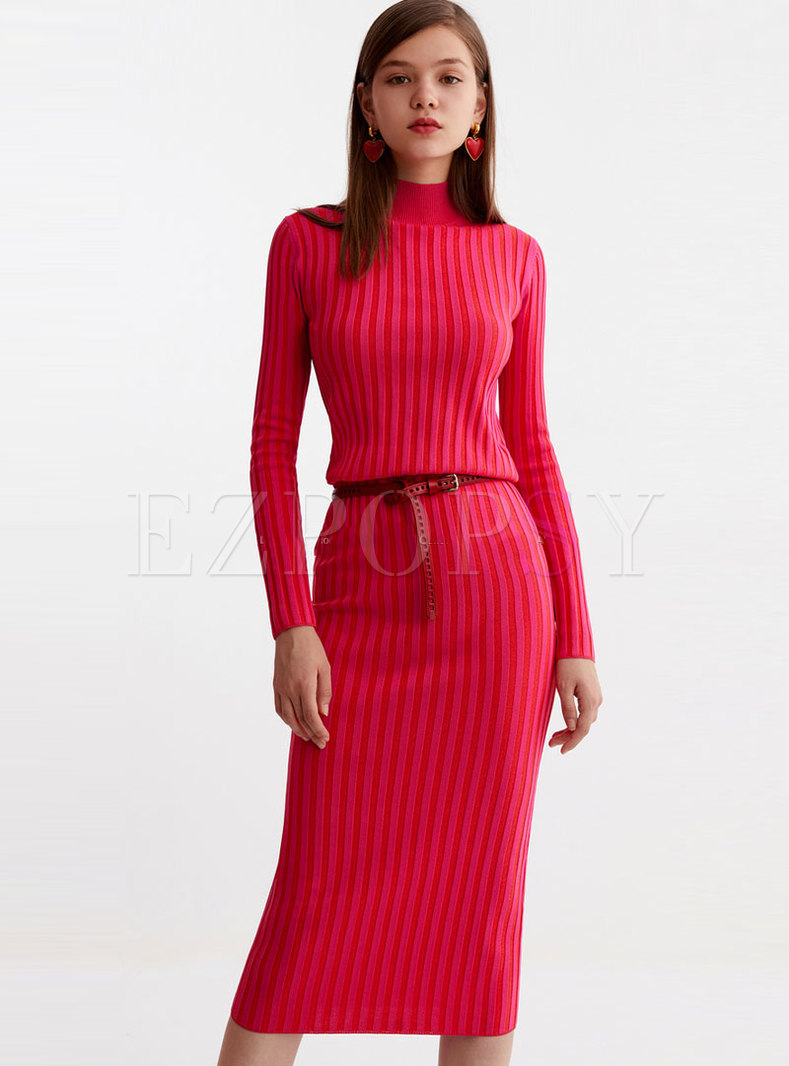Stand Collar Bodycon Long Sweater Dress
