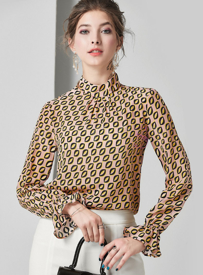 Stand Collar Print Pullover Silk Blouse