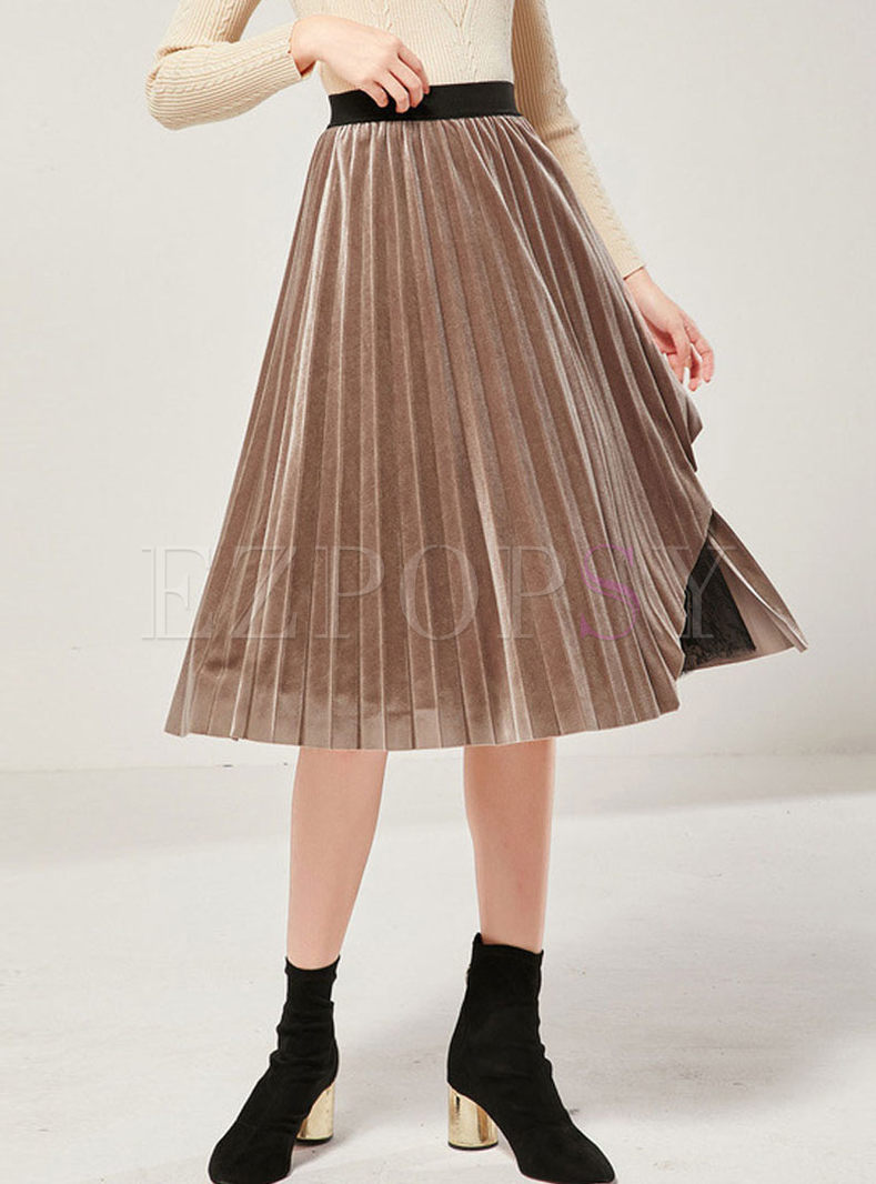 Lace Mesh Patchwork Velvet Pleated Skirt