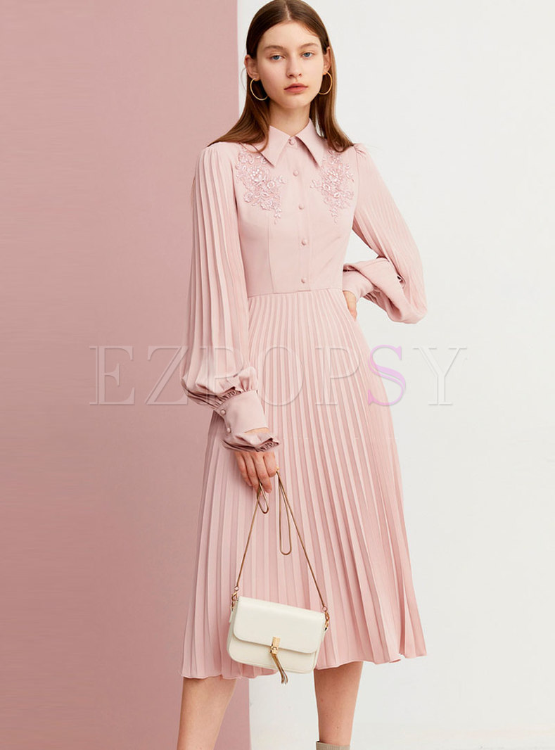 Dresses | Skater Dresses | Pink Lantern Sleeve Pleated A Line Dress