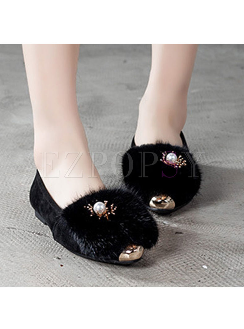 Pointed Head Flat Warm Shoes With Beads