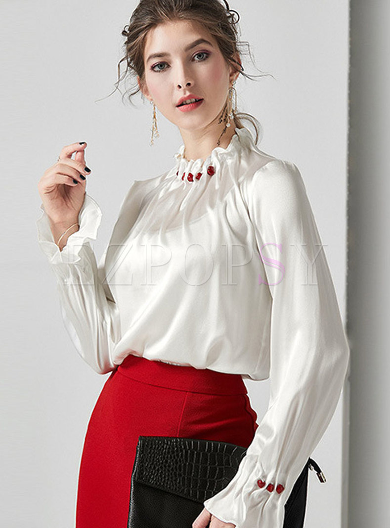 Tops | Blouses | Stand Collar Beading Pleated Silk Blouse