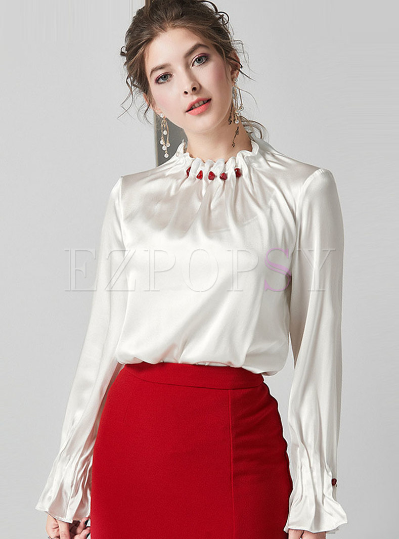 Tops | Blouses | Stand Collar Beading Pleated Silk Blouse