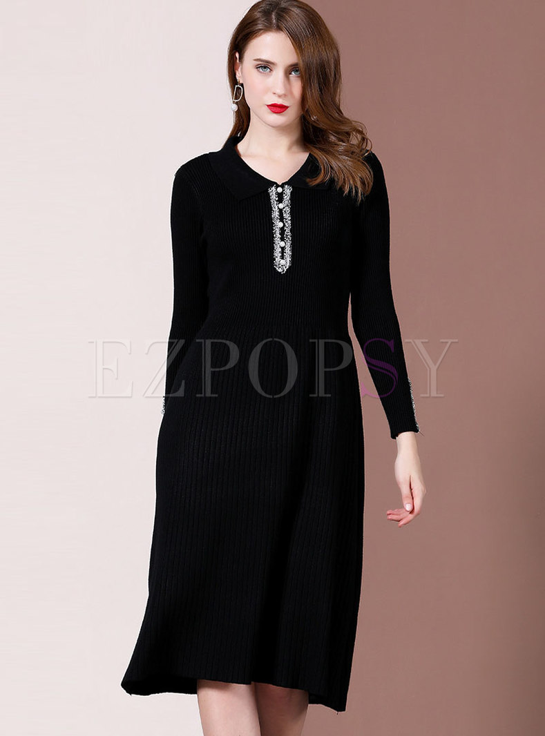 Casual V-neck Patchwork S Line Sweater Dress